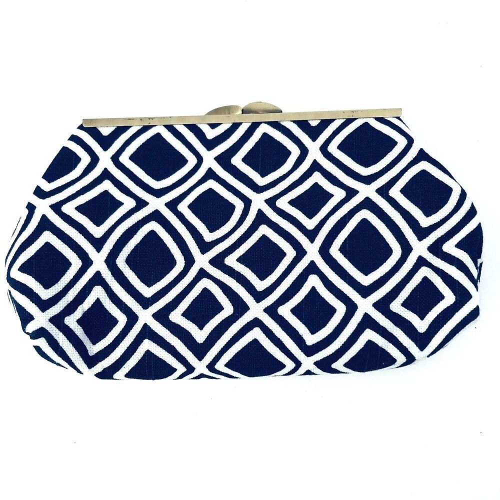 Maddy Nash Mini Clutch Handbag Navy White Nautical Bag Cotton Kiss Lock